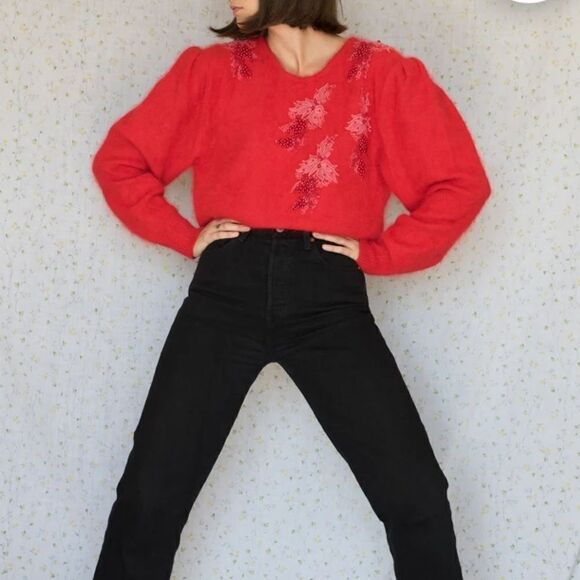 Vintage 90s angora sweater red rabbit hair beaded detail boat neck sweater 80s - Picture 1 of 7